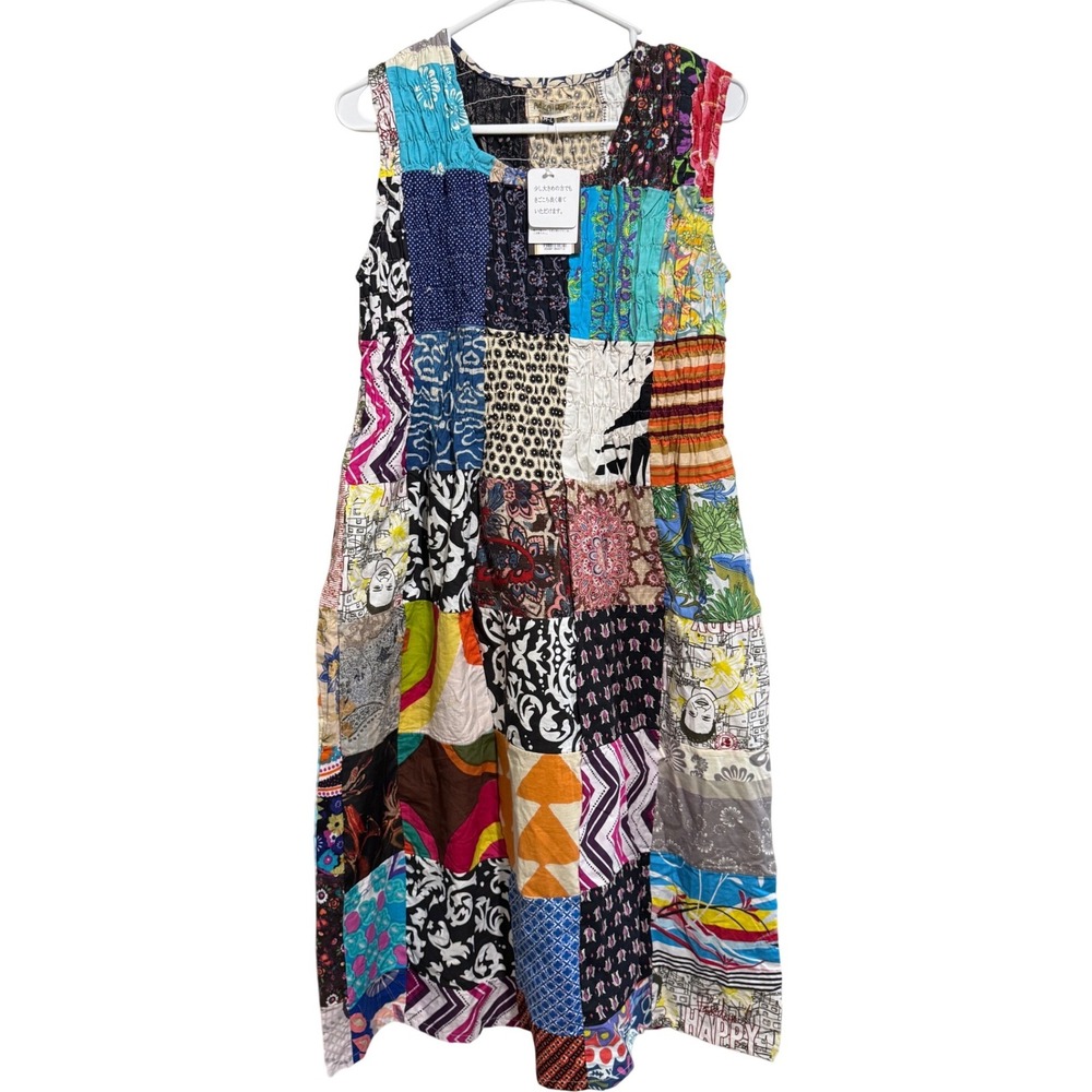 Adika Patchwork Dress Womens M/L Cotton Sleeveless Shirred Midi Boho Cottagecore